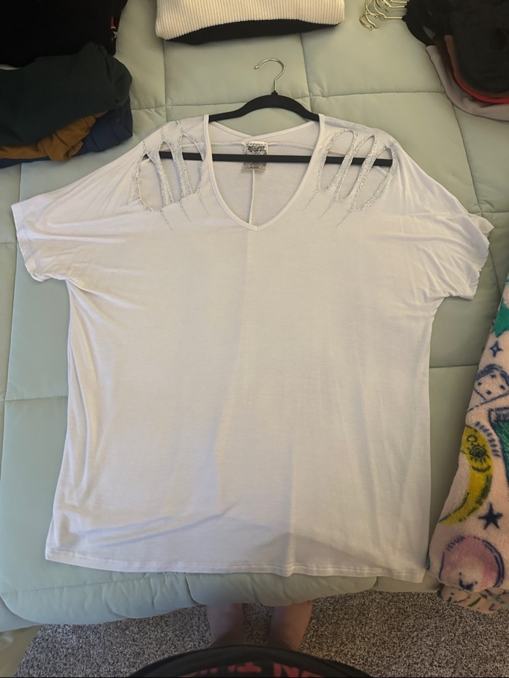 Vocal White Short Sleeve Tee with Shoulder Cutouts and Rhinestones